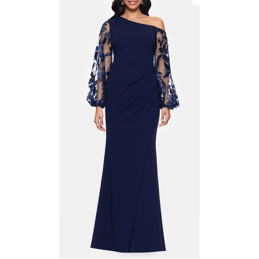 Betsy & Adam Navy Blue One Shoulder Chiffon Sleeve Maxi Dress Ruched 10P NWT